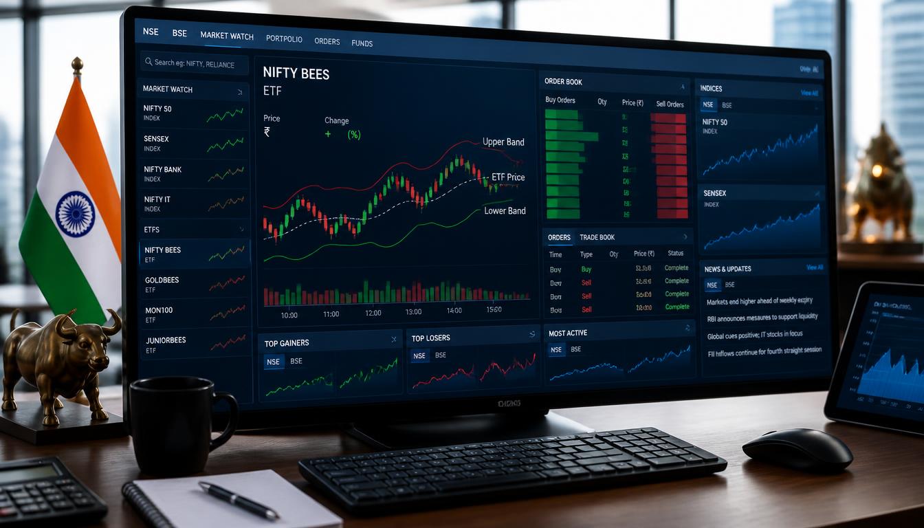 Indian stock market ETF trading screen showing changing price bands and market orders.